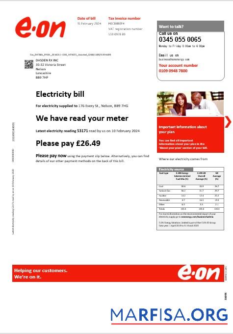 Blank United Kingdom E.ON business utility bill template in Word and PDF formats, version 3